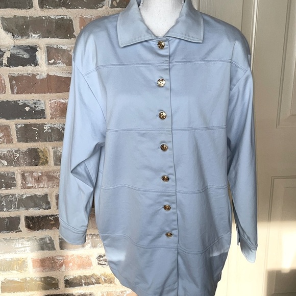 St John Vintage Oversize Lt Blue Barn Jacket Stretch Cotton Logo Button Sz Small - Picture 2 of 10